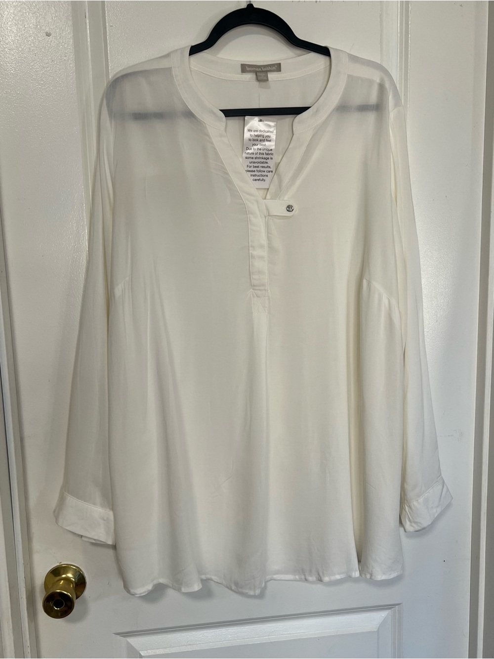 Woman Within White Long-Sleeve Split-Neck Tunic